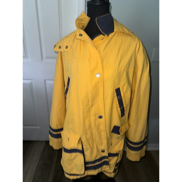 Mulberry Street Yellow Nautical Striped Hooded Rain Jacket Womens - Picture 1 of 3